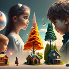 Surreal artwork featuring woman, child, and girl with whimsical elements