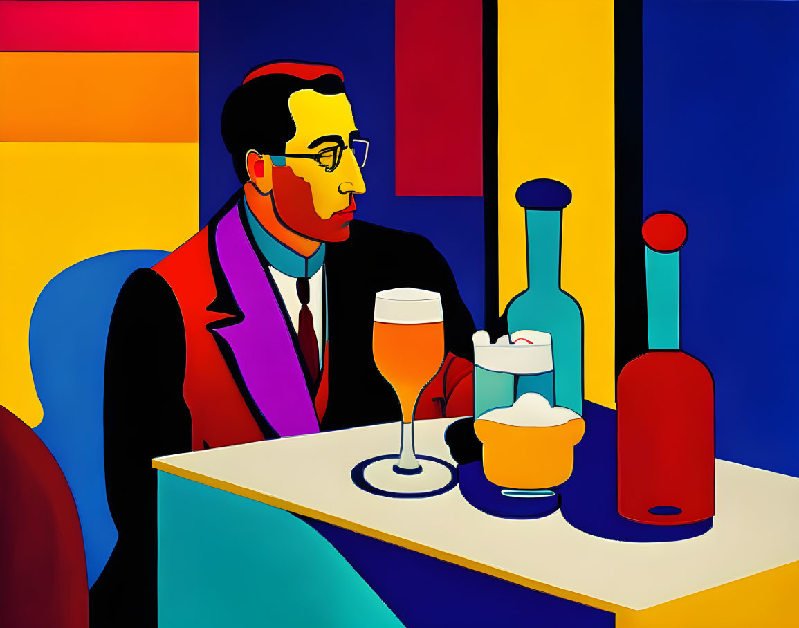 Abstract painting featuring bespectacled man with wine, bottle, and bowl on table.