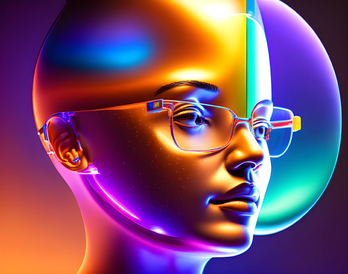 Split Design Digital Artwork of Person's Head with Realistic and Multicolored Reflective Side wearing