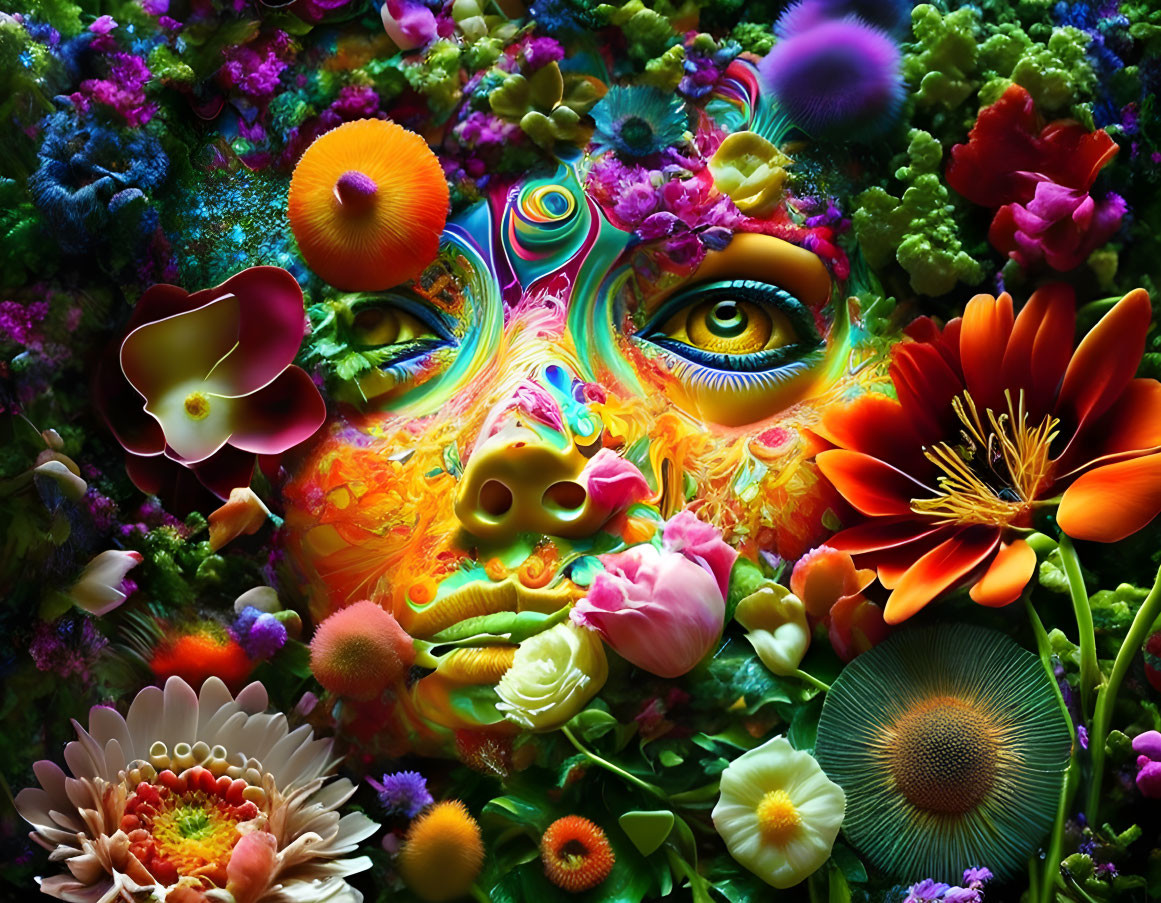 Colorful Flower and Plant Collage with Human Face: Psychedelic and Surreal Blend