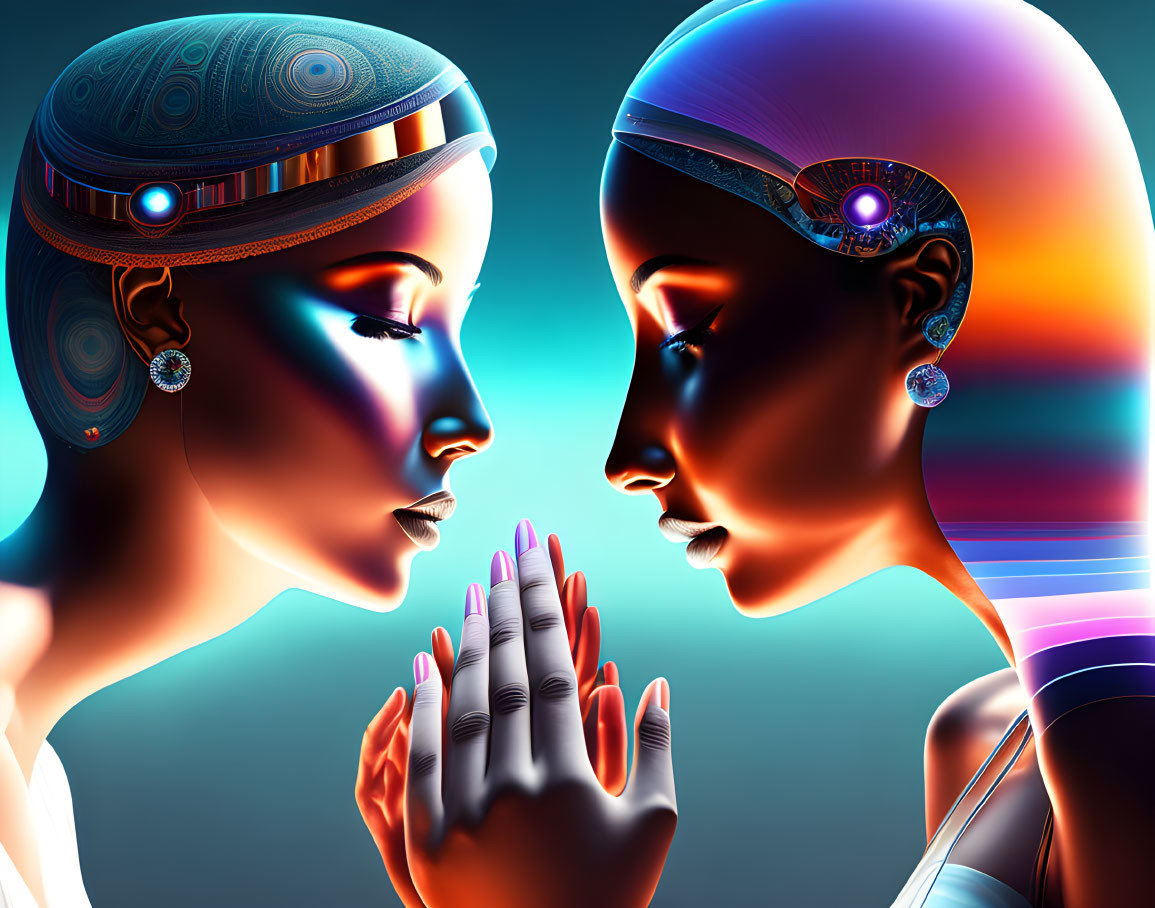 Futuristic women with stylish headgear touching hands on gradient background