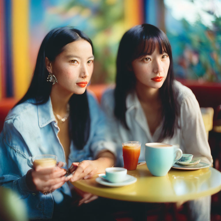 Two Women at Cafe Table with Coffee Cups in Colorful Setting