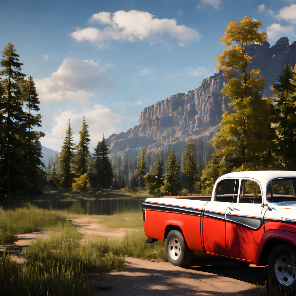 Vintage red and white pickup truck near forest path, tall trees, and mountains against clear blue sky