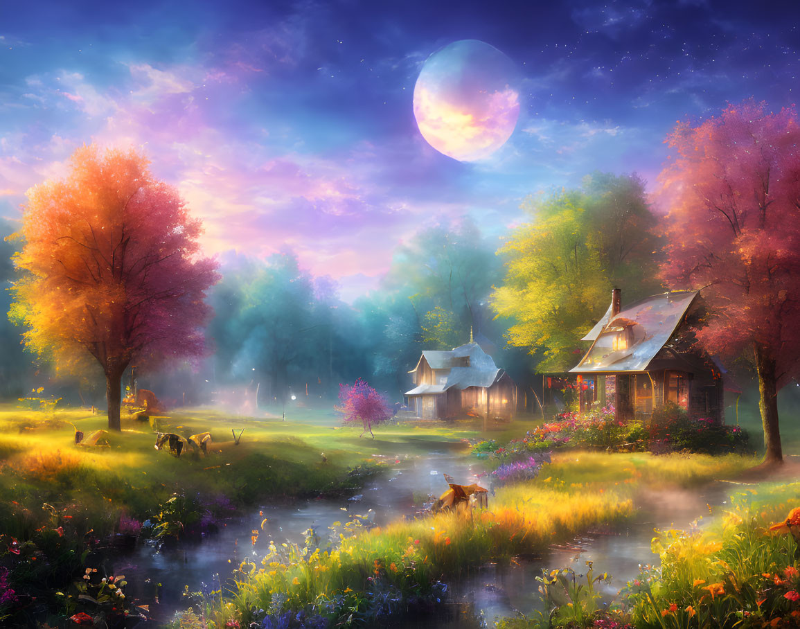 Serene night scene: moon, stars, trees, cottage, stream, deer