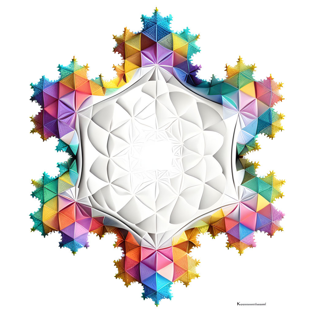 Symmetrical fractal-like artwork with vibrant geometric shapes