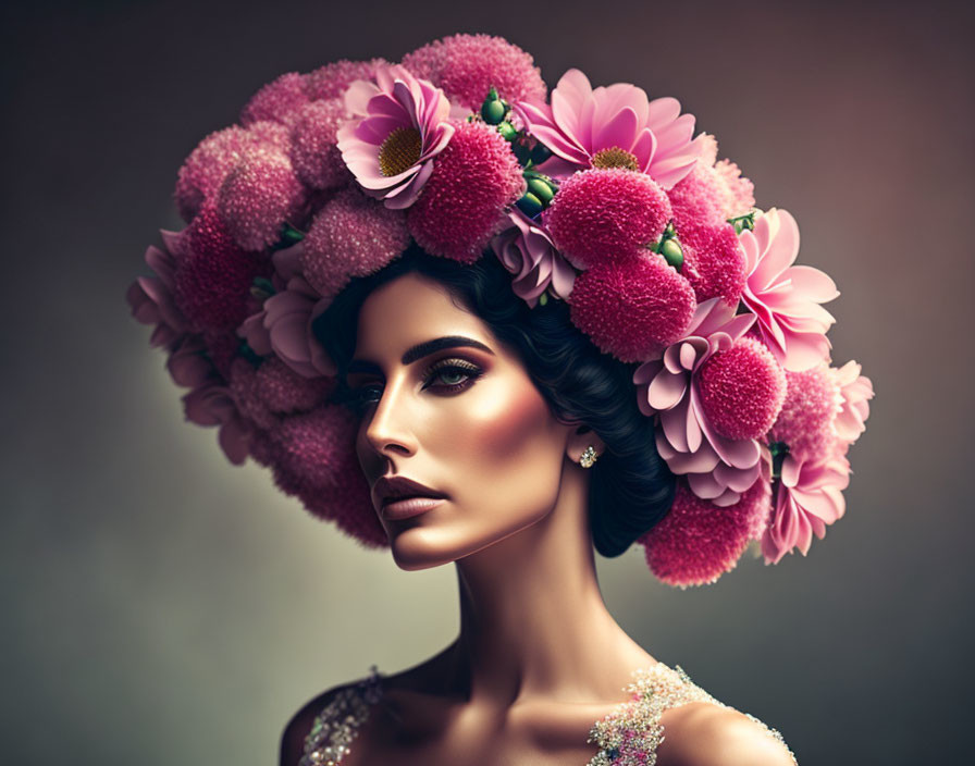 Elaborate floral headpiece with pink blooms on woman against neutral backdrop