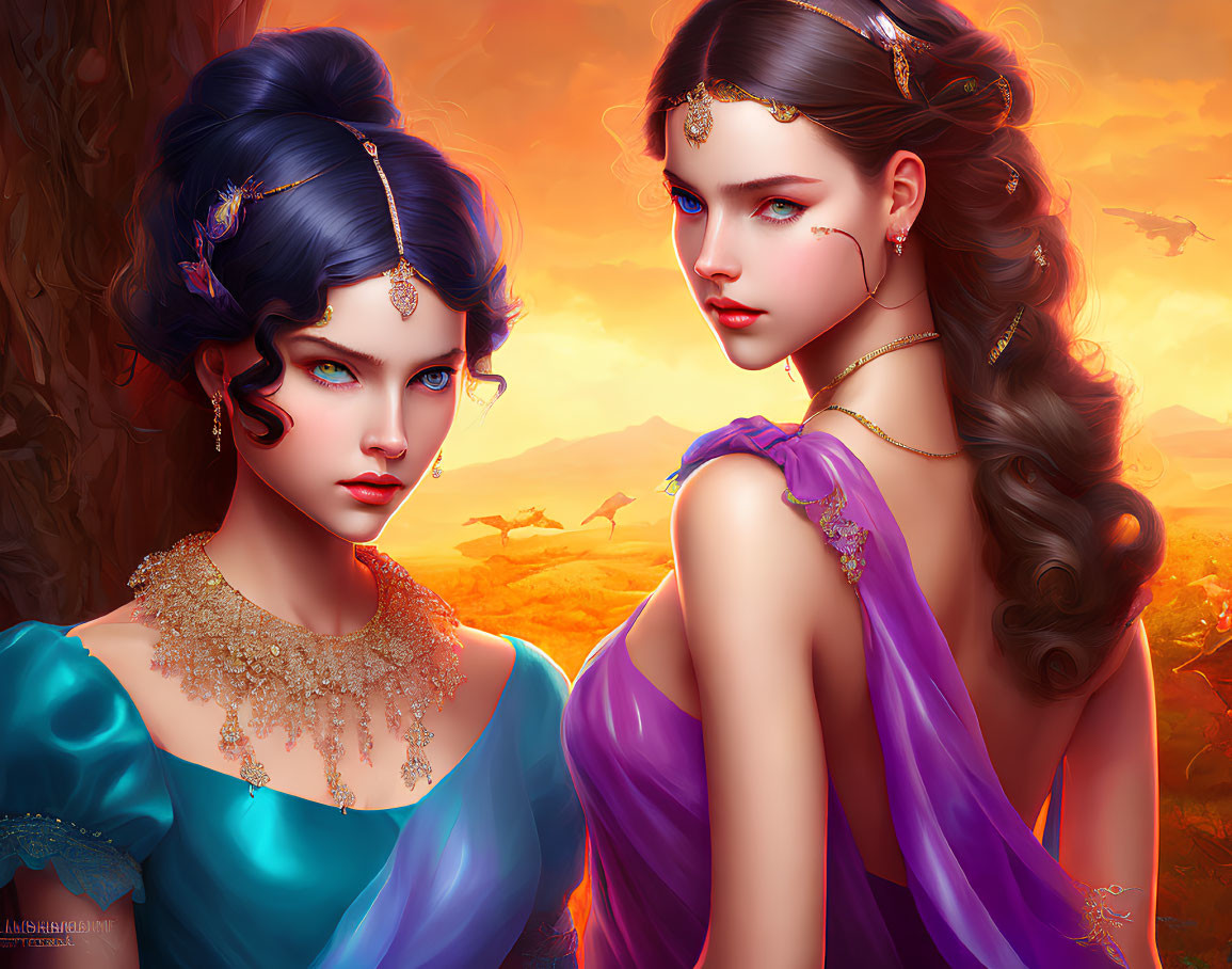 Fantasy women with intricate hair and jewelry in front of galloping horses on orange sky