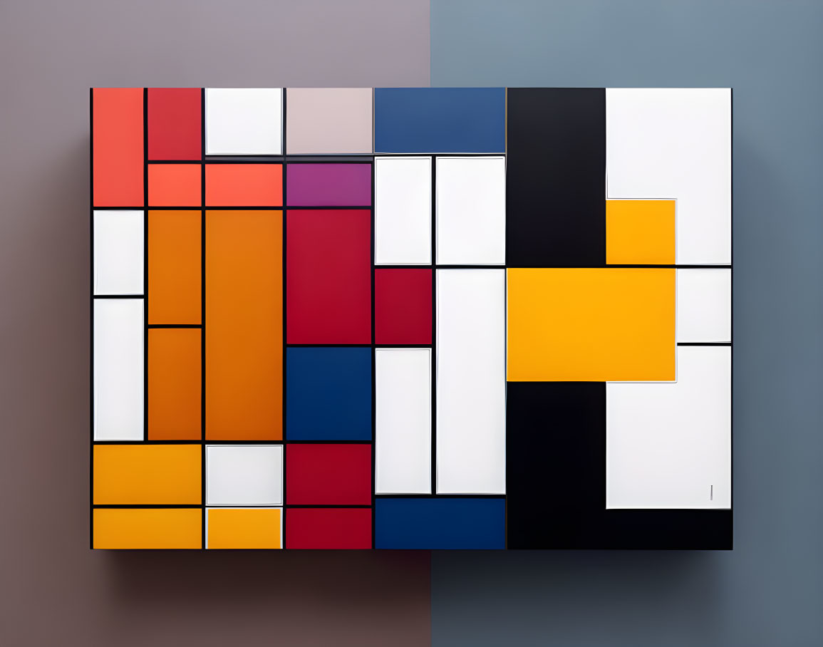 Abstract painting with grid of squares and rectangles in primary colors on grey background