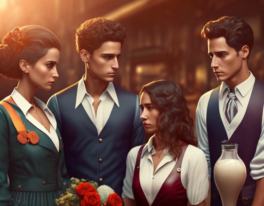 Vintage Attire Couples in Dramatic Setting with Warm Lighting