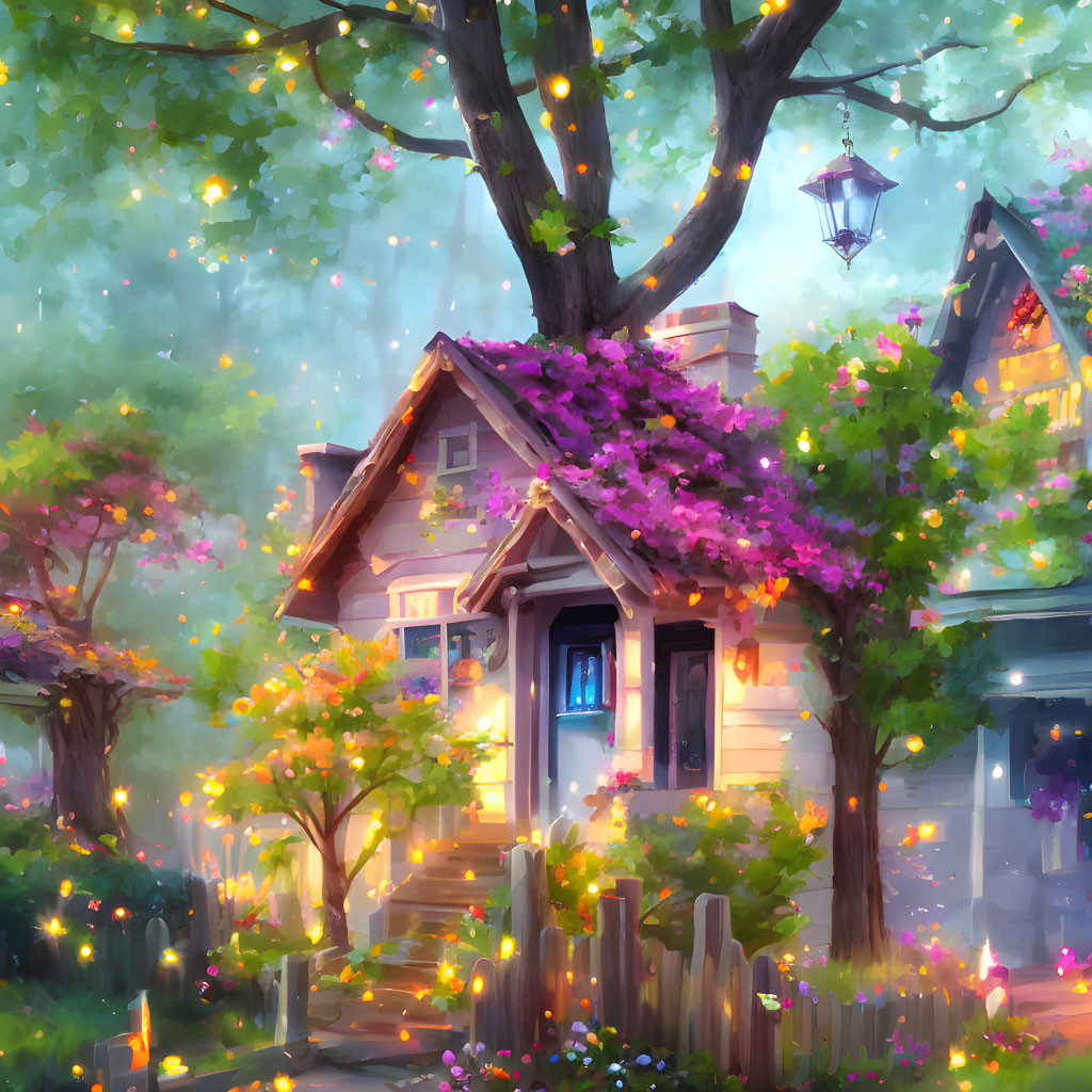 Charming cottage with purple flowers, greenery, and lanterns in twilight