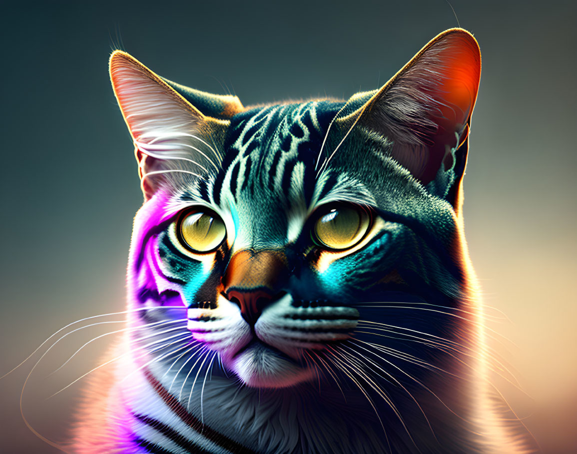 Colorful digital artwork: Cat with neon patterns and glowing eyes