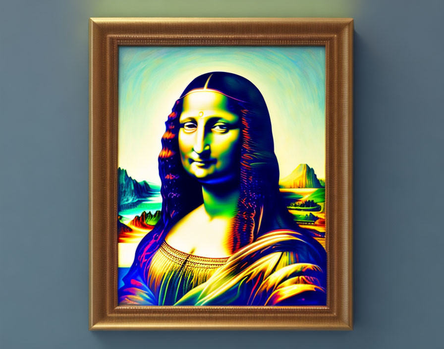 Colorful Psychedelic Mona Lisa Art in Golden Frame on Blue Wall