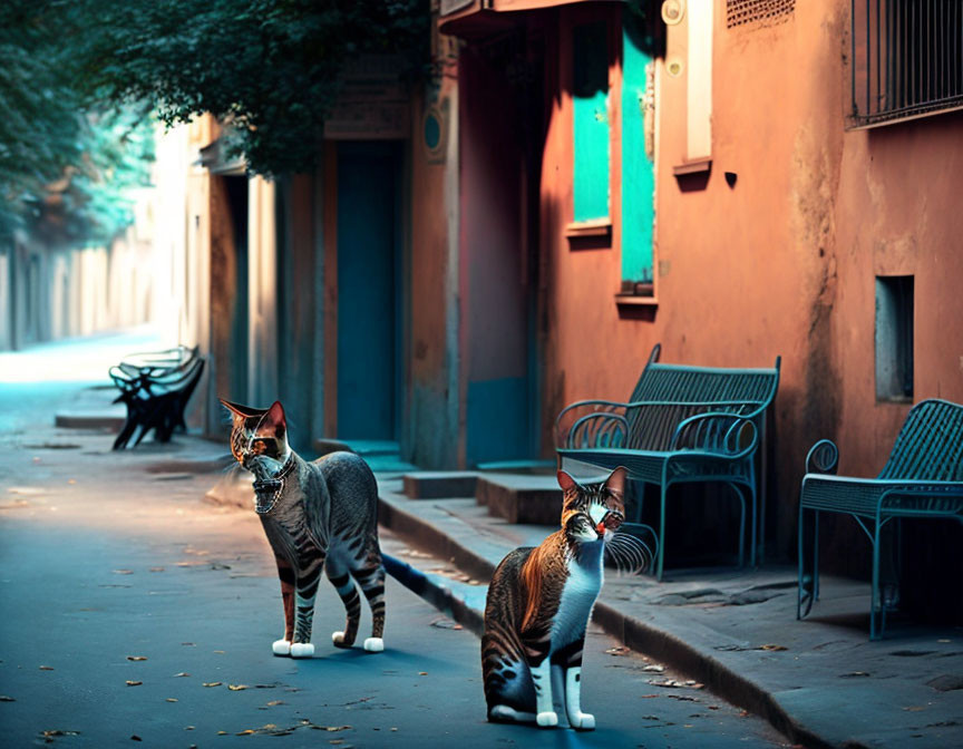 Two Cats in Surreal Deserted Street with Colorful Buildings