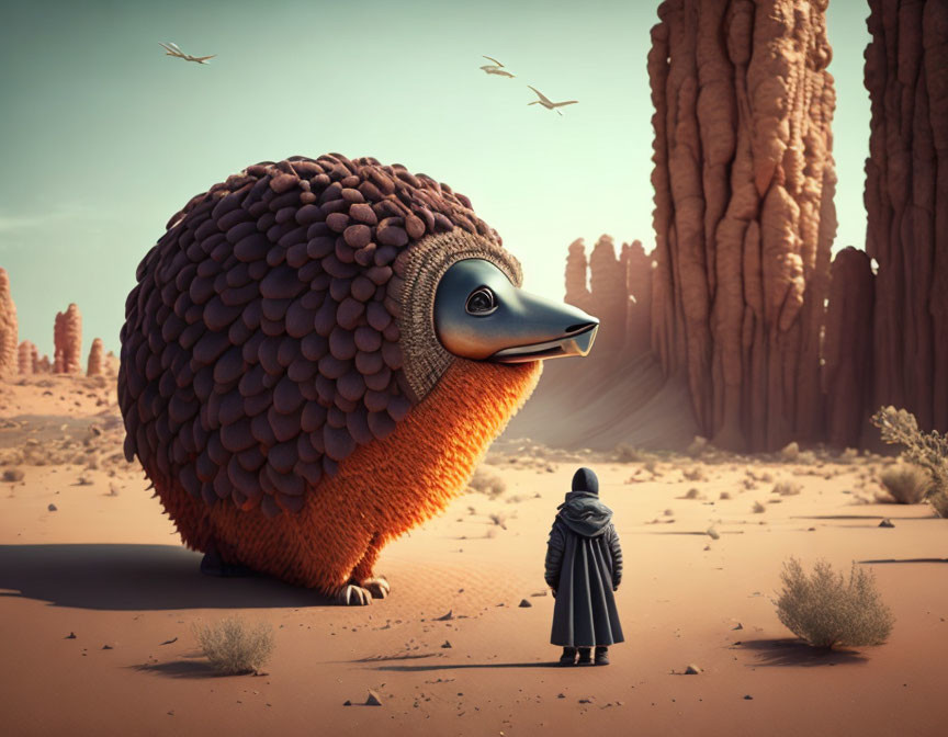 Giant whimsical armadillo creature with orange feathers meets cloaked figure in desert landscape