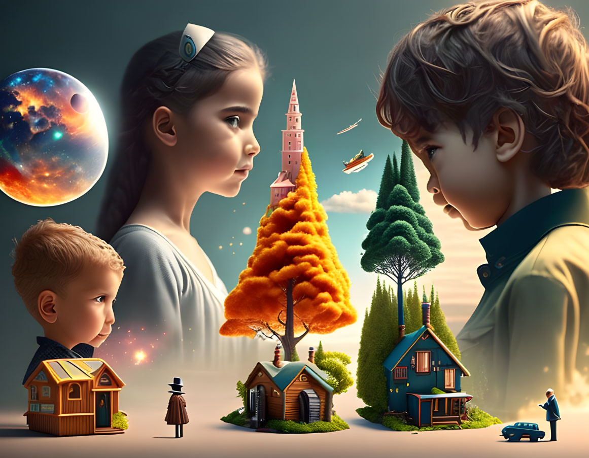 Fantastical artwork featuring children and surreal landscape