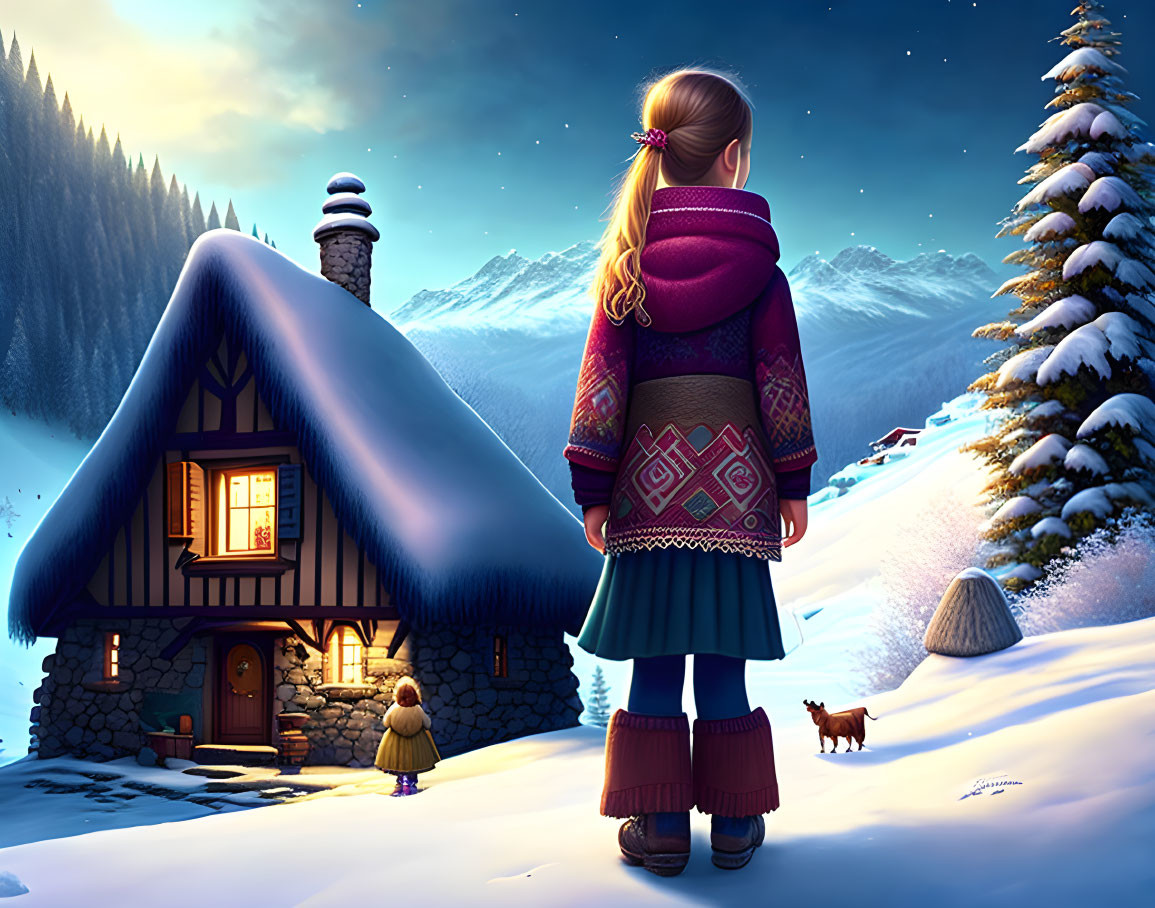 Girl in winter outfit gazes at cozy cottage in snowy landscape at dusk with small dog, mountains in