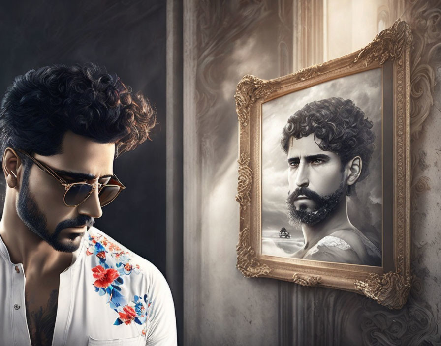 Bearded man in sunglasses gazes at historical figure portrait