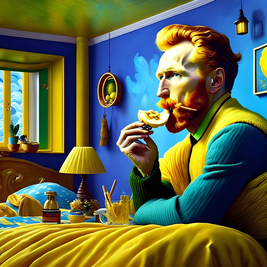 Vibrant Blue Bedroom Depiction with Breakfast and Van Gogh-inspired Items