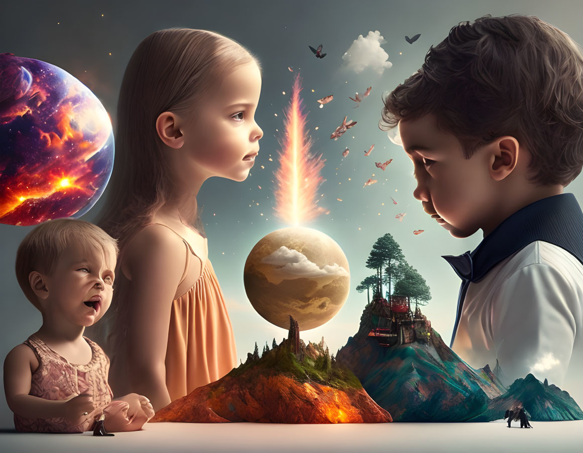 Intense expressions of children on surreal background with crying toddler, planets, meteor, birds, and islands