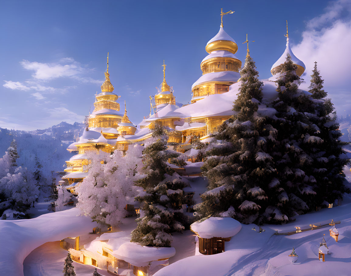 Snow-covered trees and golden domes in twilight scene