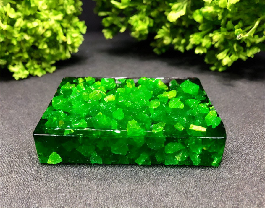 Emerald Green Crystal Cluster on Polished Slab with Plant Accents