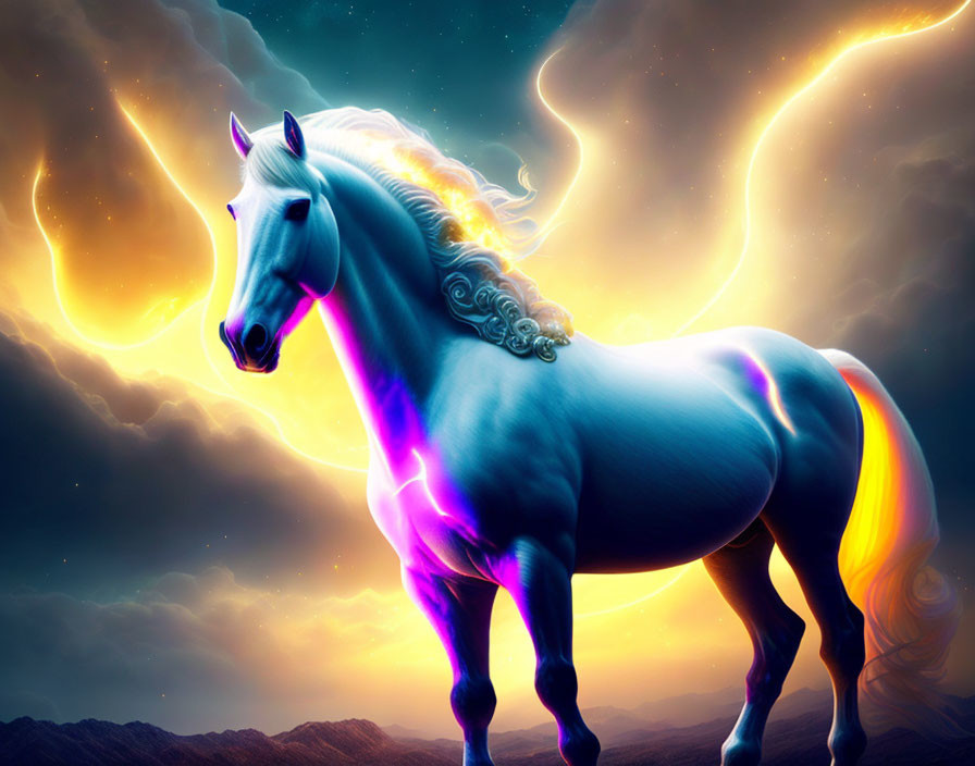 Glowing iridescent unicorn with fiery mane against dramatic sky