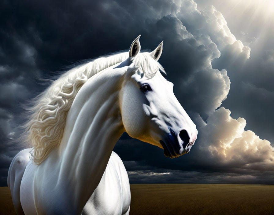 Majestic white horse with flowing mane under dramatic sky