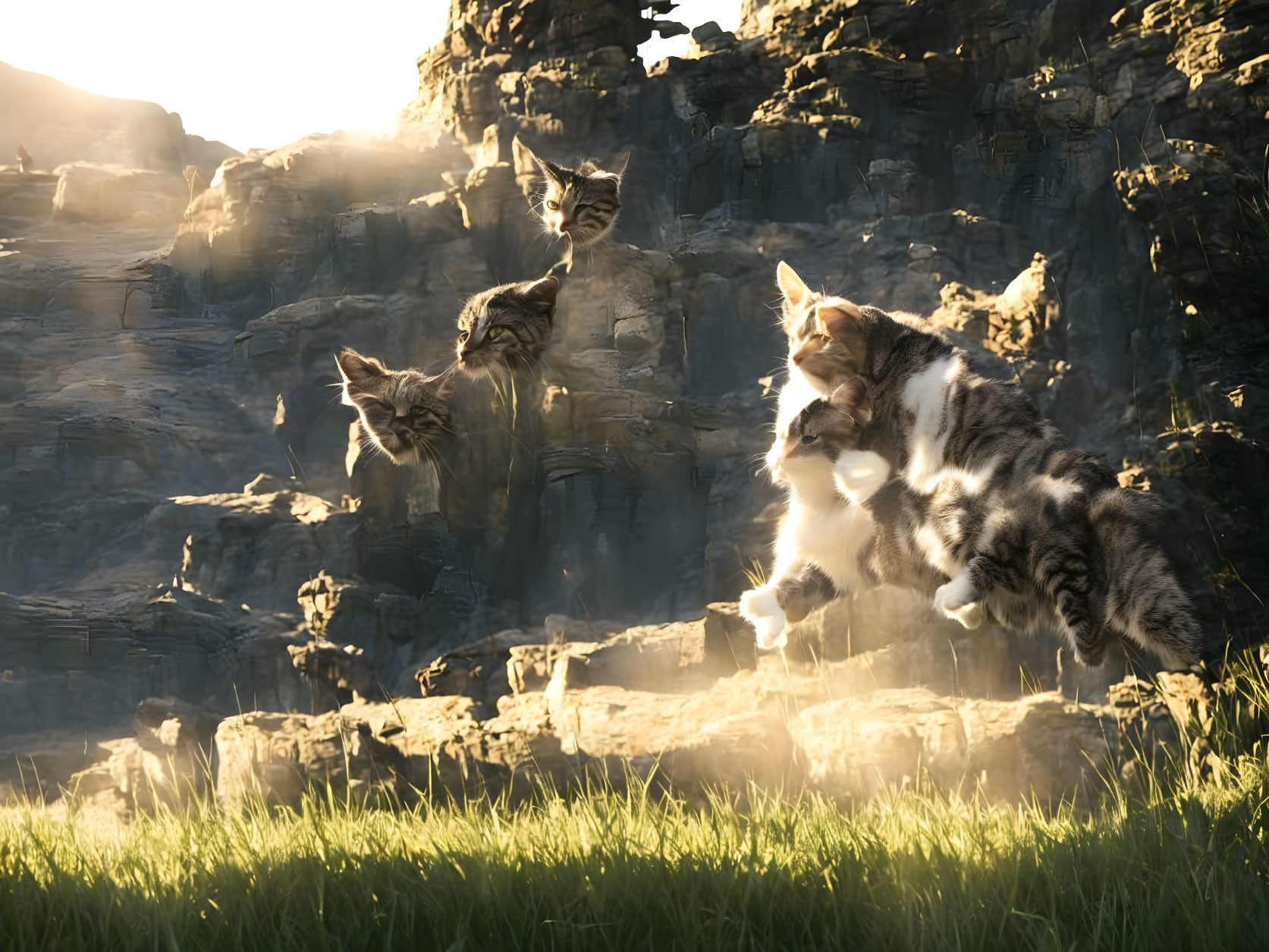 Three cats leaping on rugged cliff under sunlight