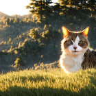 Three cats leaping on rugged cliff under sunlight