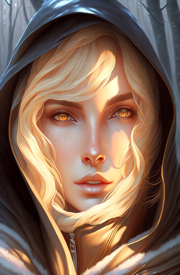 Blond-Haired Woman in Hood with Golden Eyes and Sunlight Through Trees