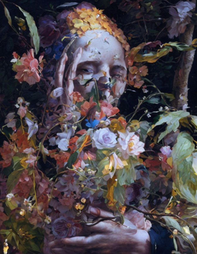 Figure obscured by vibrant floral blooms and foliage with hand covering face