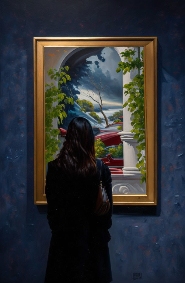 Long-haired person admires whimsical landscape painting with swirling sky and red bridges