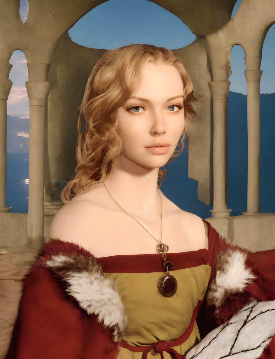 Medieval-themed digital portrait of a woman in fur-trimmed cape and golden pendant, set in