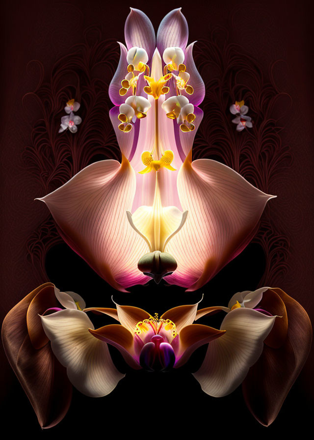 Abstract symmetrical flowers in warm colors on dark background