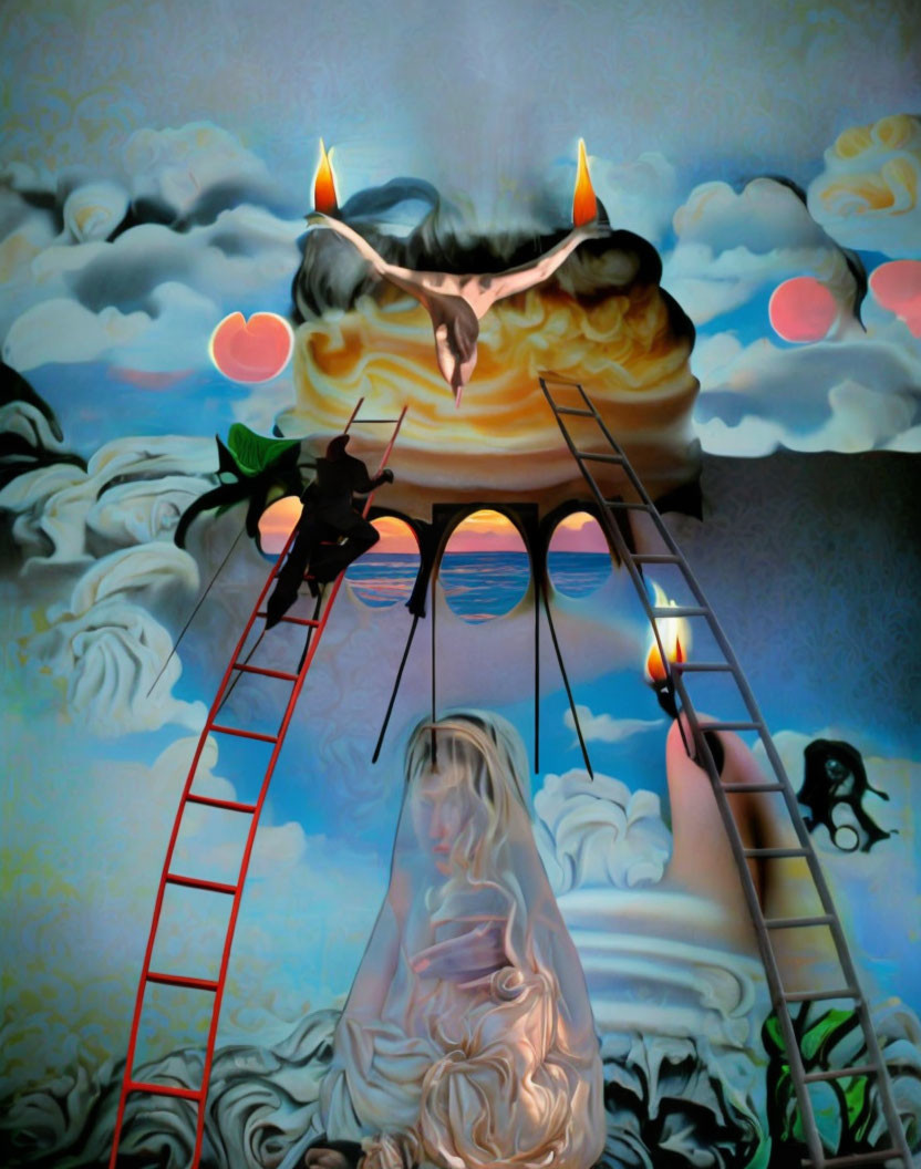 Surreal artwork: Woman in drape, ladders, candles, figure on cloud