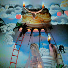 Surreal artwork: Woman in drape, ladders, candles, figure on cloud