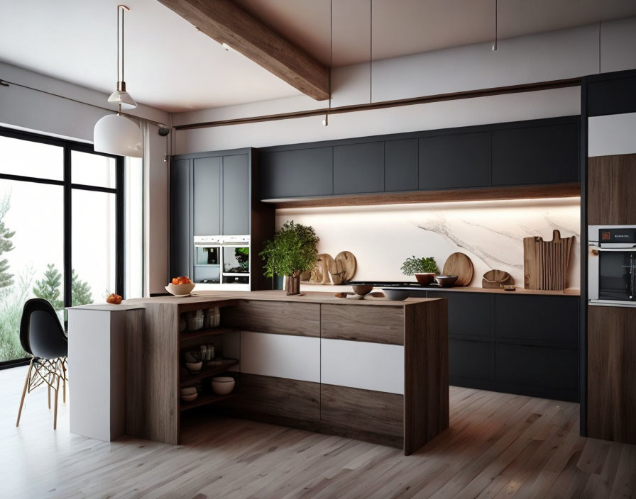 Dark Cabinets, Wood Accents, Marble Backsplash in Modern Kitchen