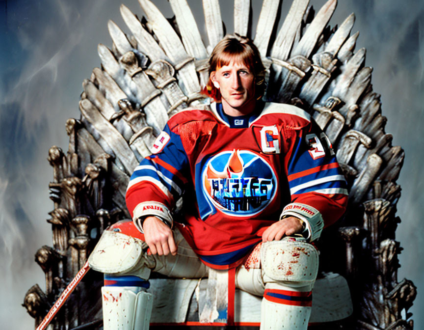 Red and Blue Hockey Player with "C" on Throne Against Cloudy Sky