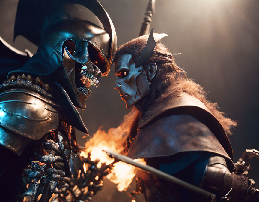 Fantasy warriors in dark armor and elf-like features face off in dramatic lighting