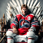 Red and Blue Hockey Player with "C" on Throne Against Cloudy Sky