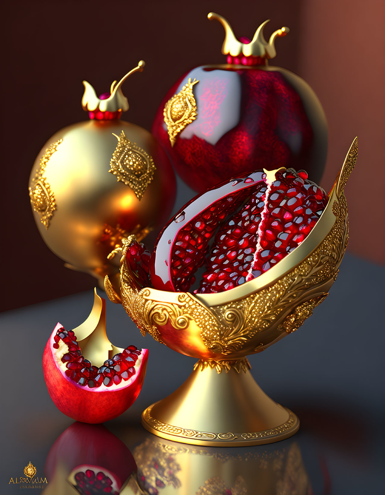 Colorful 3D illustration of royal-themed still life with golden pomegranate and seeds.