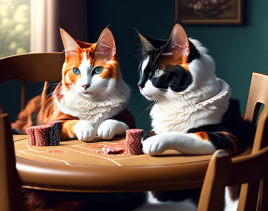 Sophisticated cats with ruffs at table with poker chips