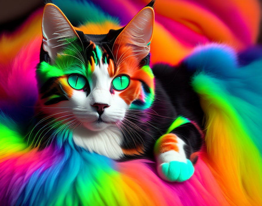 Colorful Cat with Green Eyes Resting on Rainbow Surface