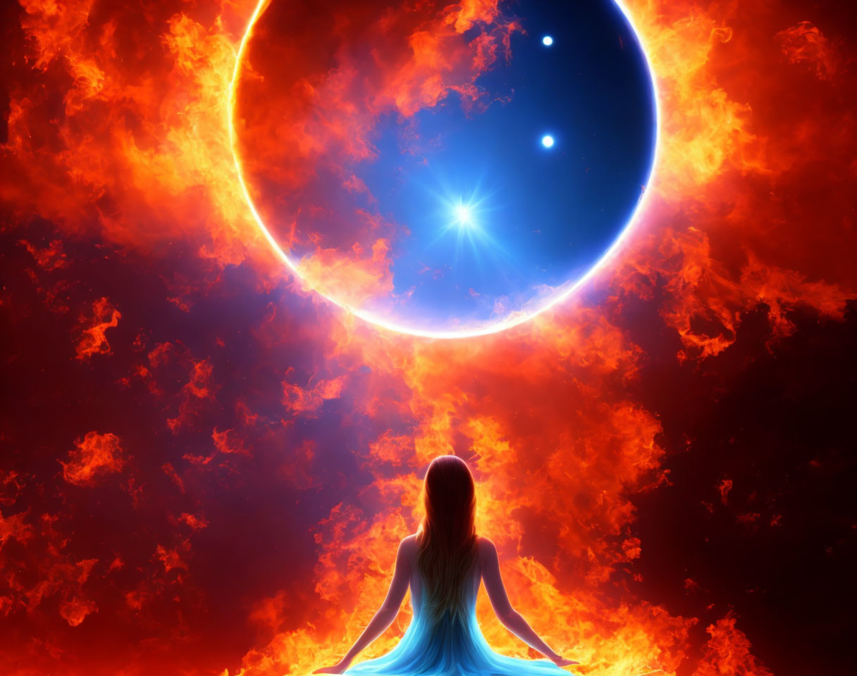 Meditating person gazes at cosmic scene with fiery sun and blue planet