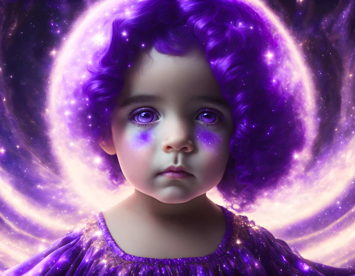 Child with Purple Curly Hair in Cosmic Setting with Stars and Nebulas