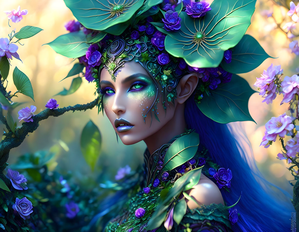 Blue-skinned female figure in floral headdress among blossoms.