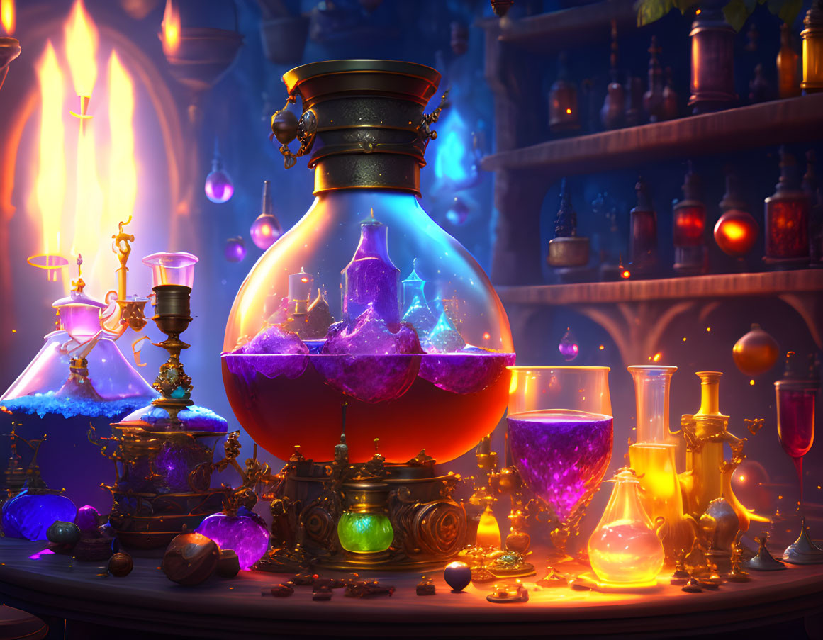 Colorful Alchemist's Lab with Glowing Potion Flask, Candles, Crystals, Vials