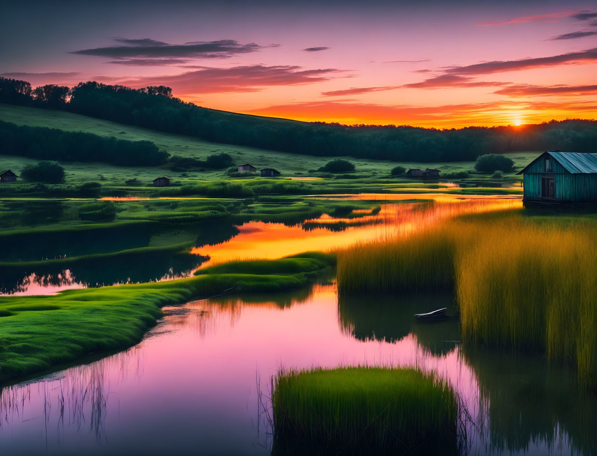 Serpentine River Sunset with Cottage and Boat