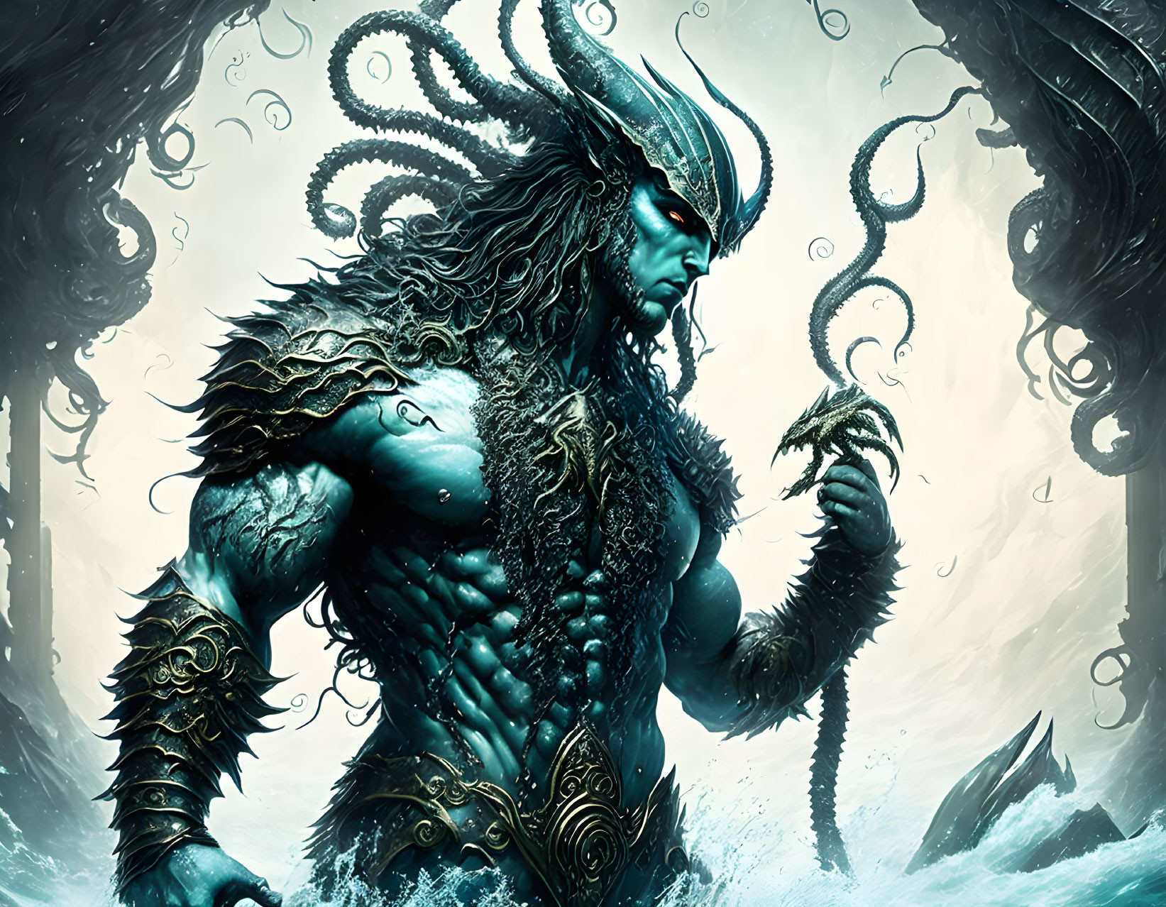 Mythical sea creature with tentacles and ornate armor in a turbulent underwater scene