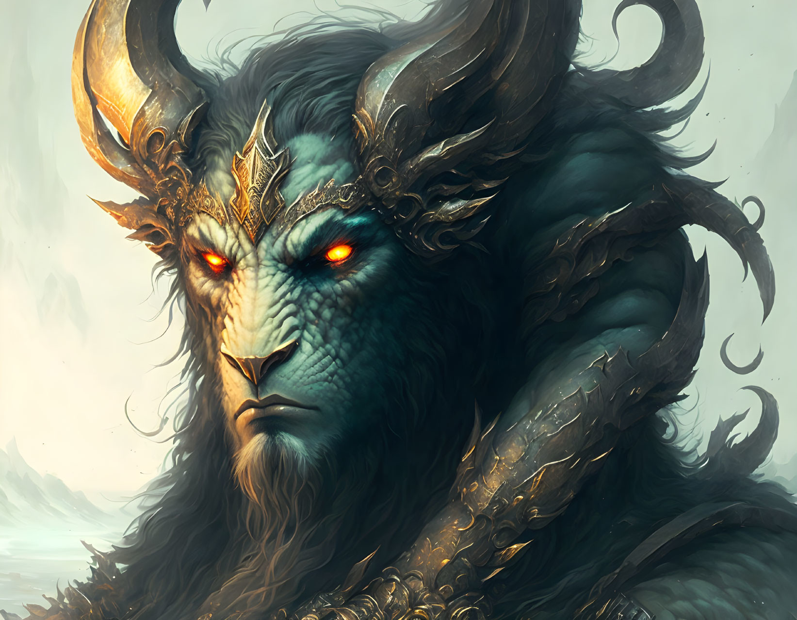 Majestic fantasy creature with red eyes, curved horns, blue fur, and gold armor